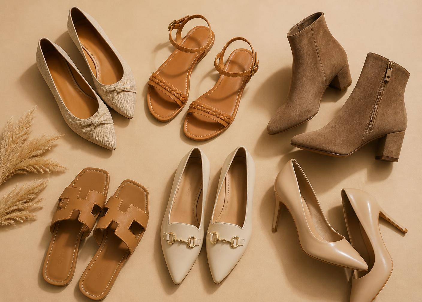 Mix de calçados femininos: sapatilhas, rasteiras, botas e scarpins